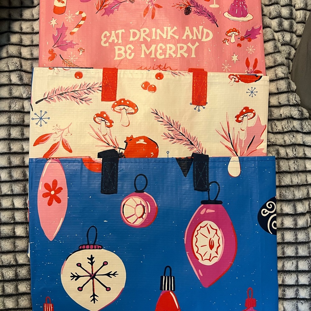 Holiday Reusable Tote Bag Set - Blue, Pink, Cream -